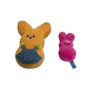 Peeps Plush‎ Bunny Set Of 2  Yellow With Overalls Pink Easter Holiday